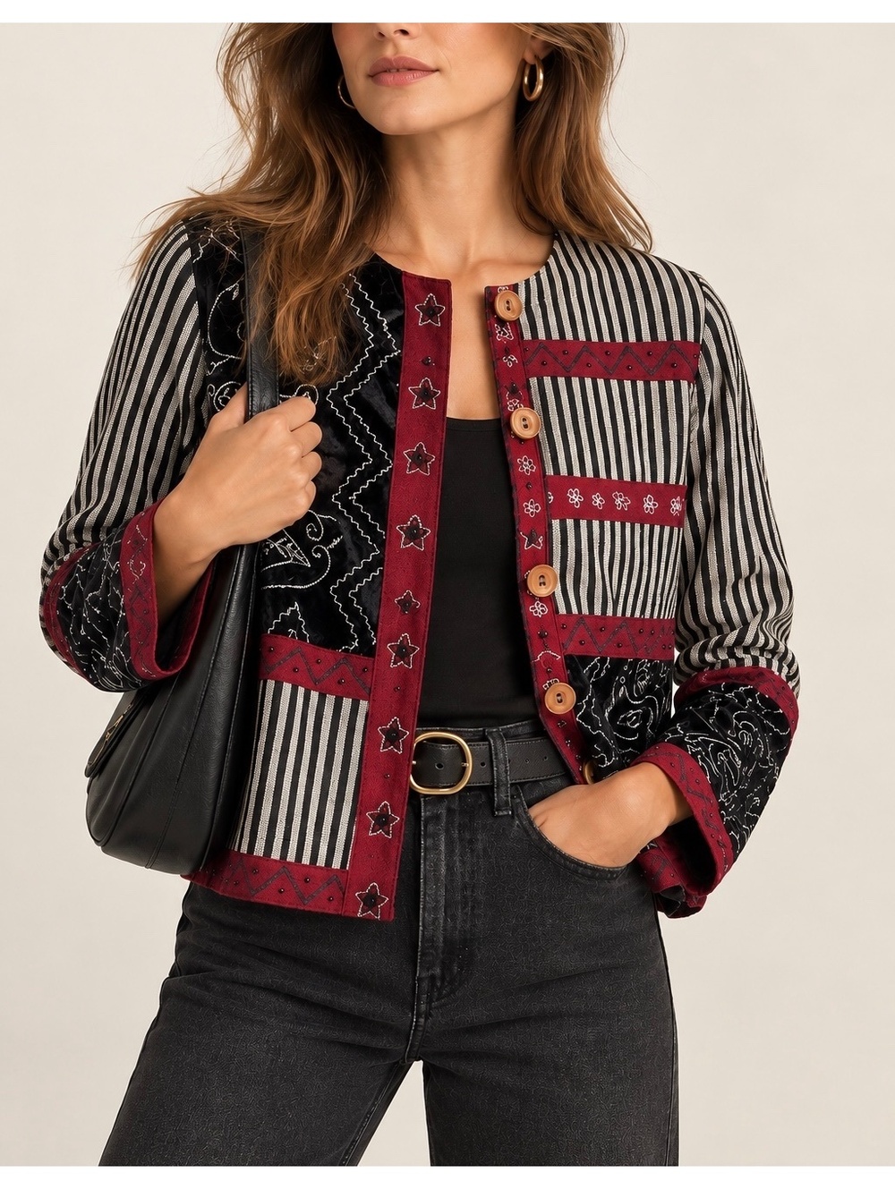 Brownstone Studio Vintage Patchwork Embroidered Velvet Jacket Size S Boho